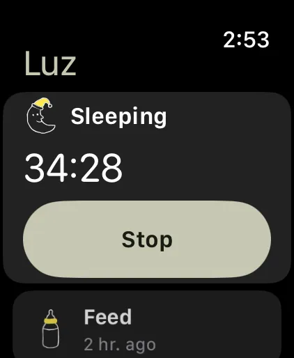 Gaia on Apple Watch with a sleep timer running and a Stop button, above the last feed.