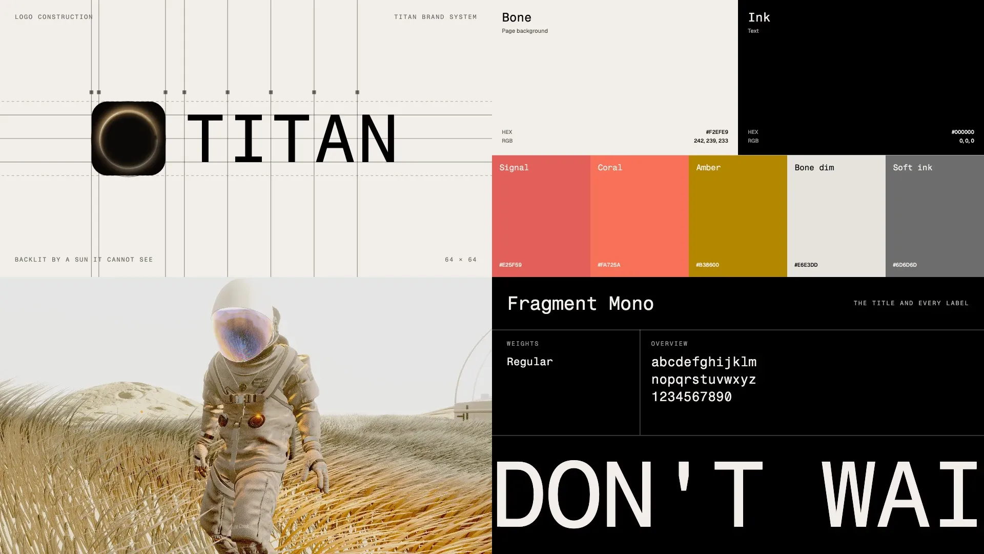 Titan's brand sheet: the eclipse app icon and TITAN wordmark on construction guides, colour swatches from Bone and Ink to Signal, Coral and Amber, a Fragment Mono type specimen and an astronaut in pale grass.