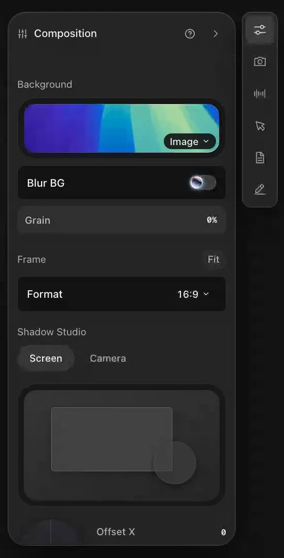 The Composition panel: a background image picker, a Blur BG toggle, grain, a 16:9 format menu and a Shadow Studio preview with Screen and Camera tabs, beside a rail of tool icons.