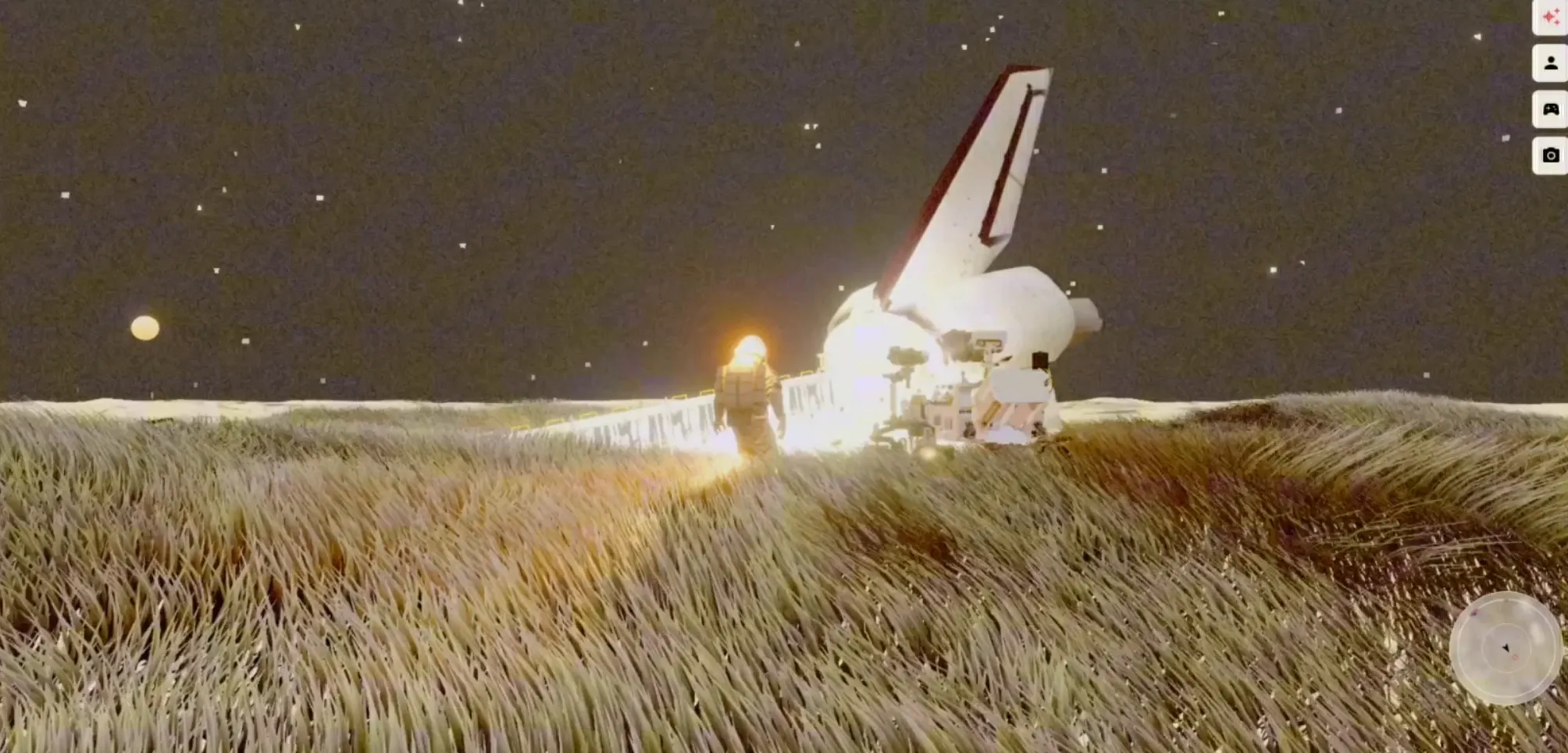 An astronaut and the restored rover beside a crashed space shuttle under a starry sky