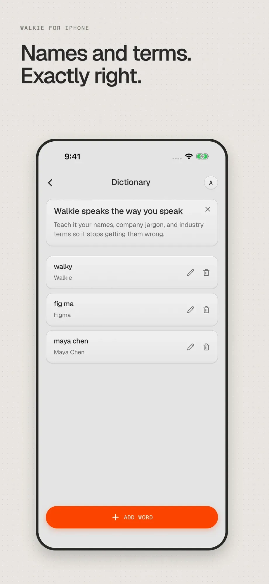 App Store screenshot titled Names and terms. Exactly right., showing the iPhone dictionary with corrections such as walky to Walkie and fig ma to Figma.