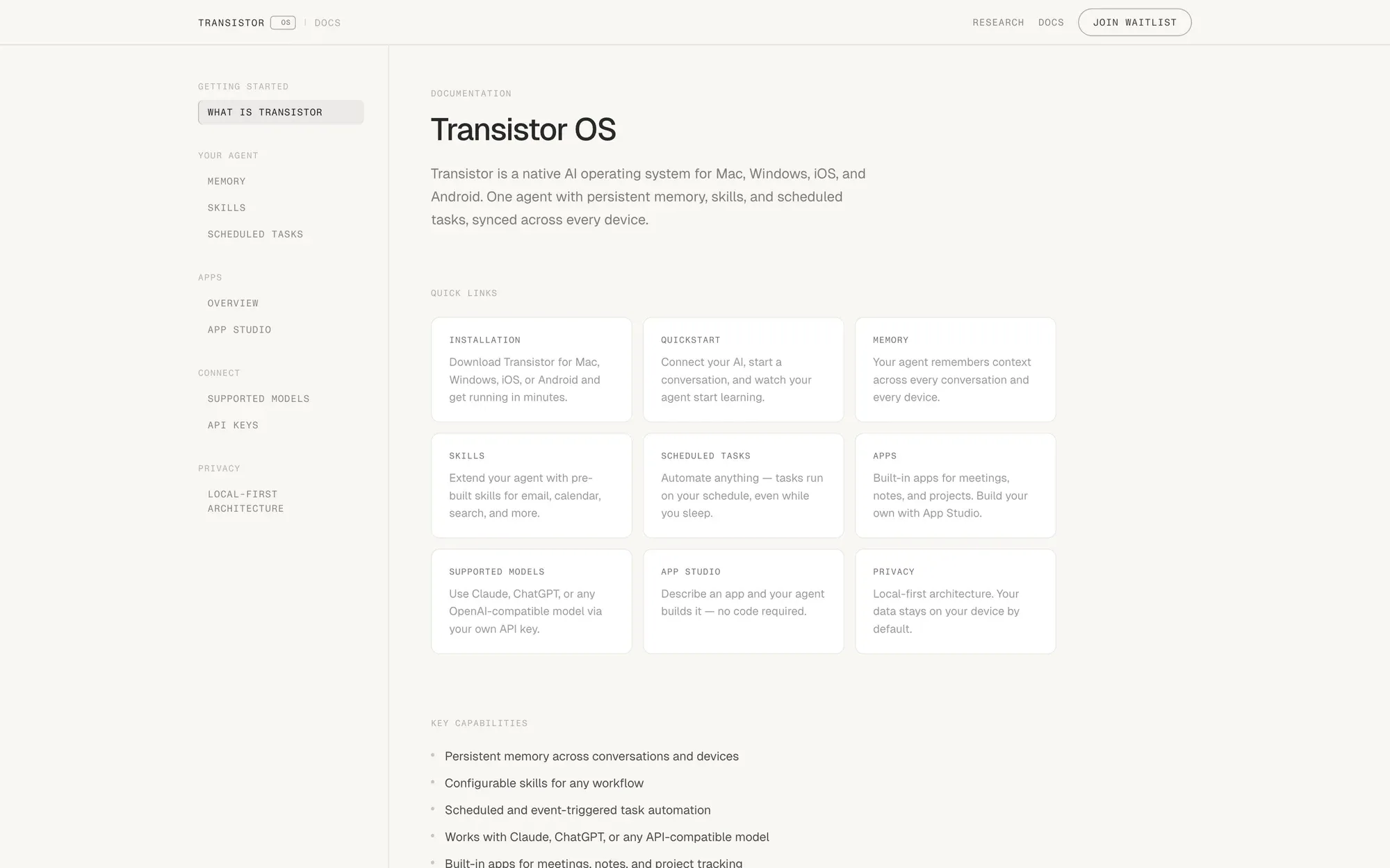 The Transistor OS docs home: a sidebar from Getting Started to Privacy, an intro paragraph and nine quick-link cards from Installation to Privacy.