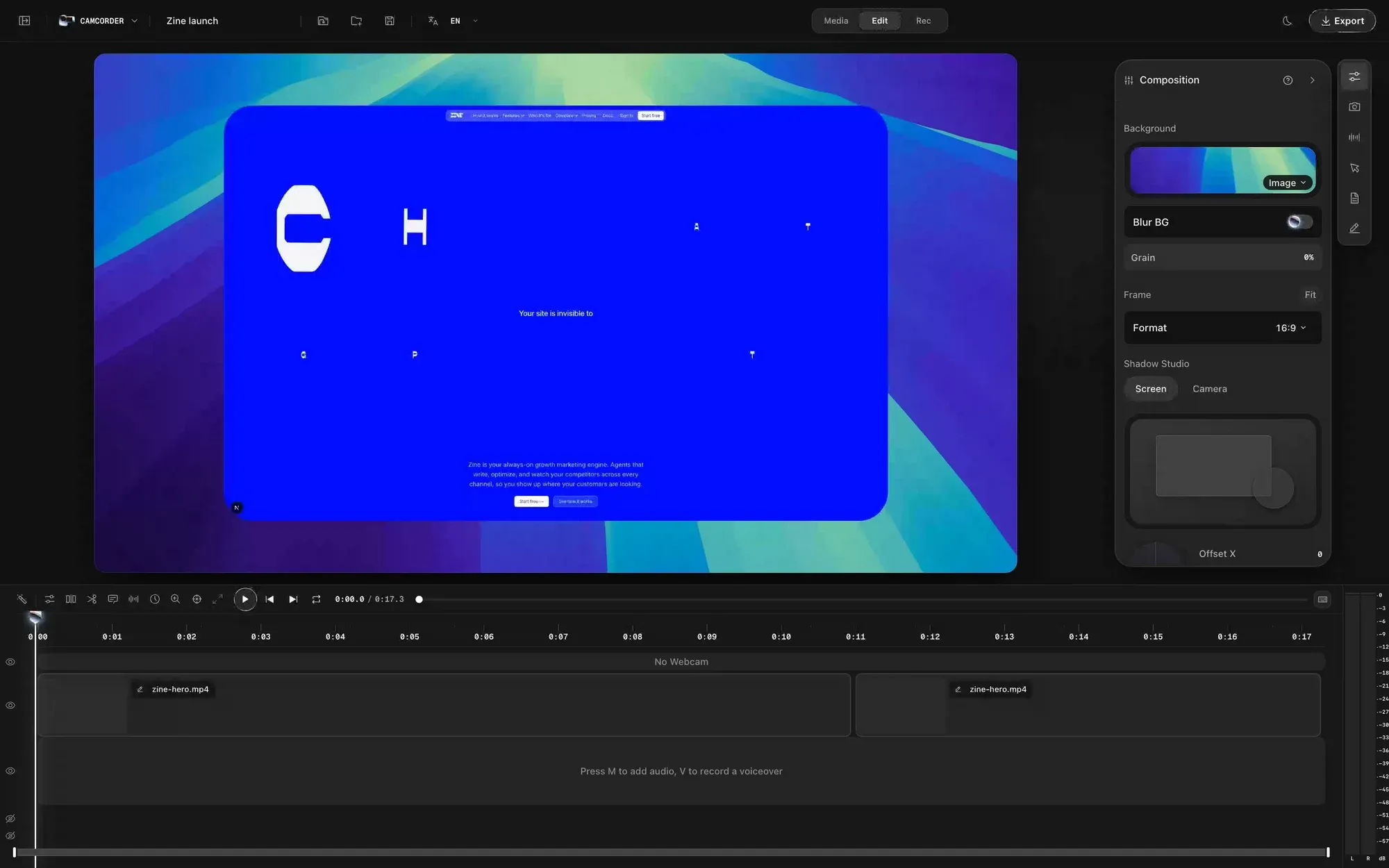 Camcorder's editor: a website recording framed on a blue-green wallpaper, a Composition panel with background, blur, grain, format and shadow controls, and a timeline with two clips, a webcam row and an audio row.