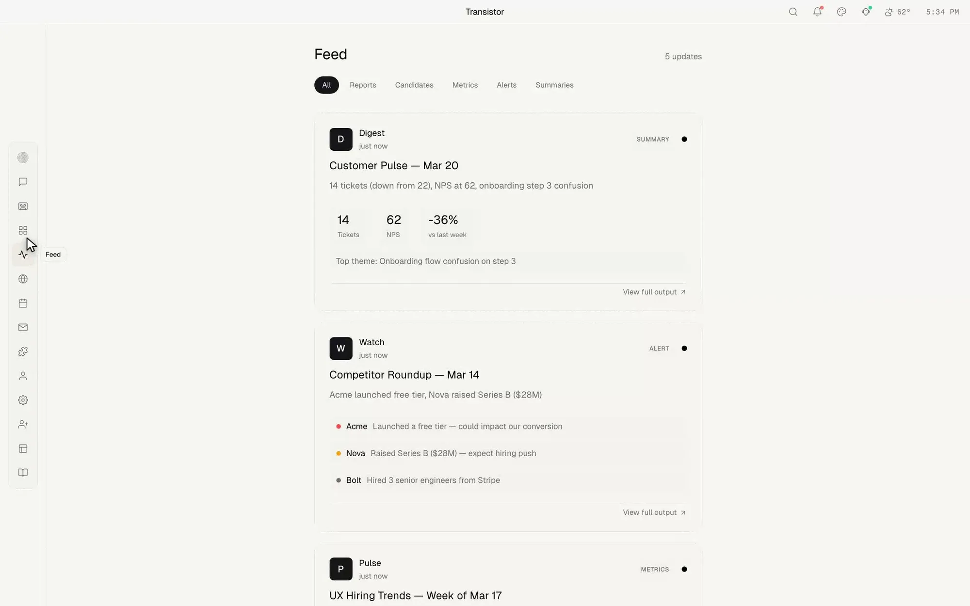 Transistor's Feed with filter chips and agent cards: a customer pulse summary with ticket, NPS and trend figures, and a competitor roundup alert.