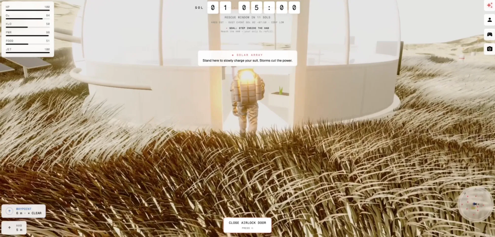 An astronaut stepping into the glass-domed hab through tall pale grass, with gauges for HP, oxygen, water, power and food, a sol clock and a minimap