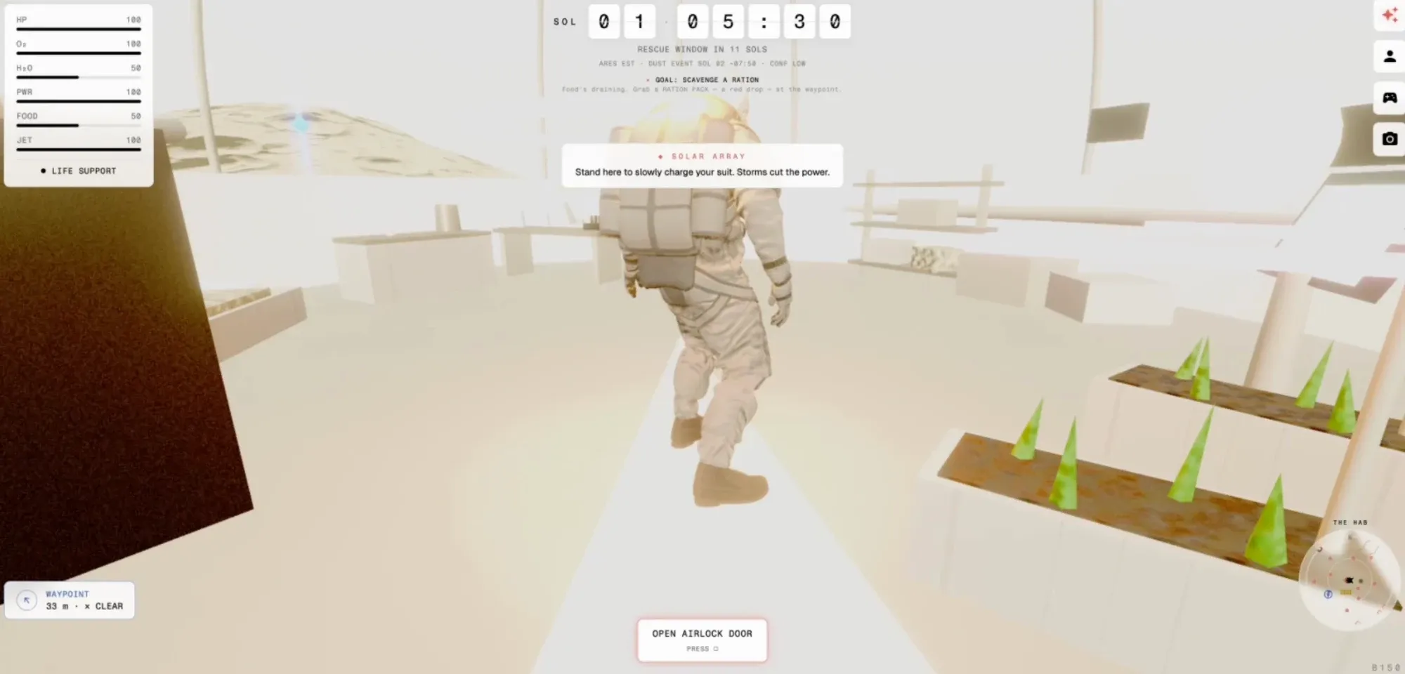 An astronaut walks a pale path inside the hab past planter beds of green sprouts, with HUD gauges for health, oxygen, water, power, food and jetpack, the sol clock, the goal Scavenge a ration and the minimap.