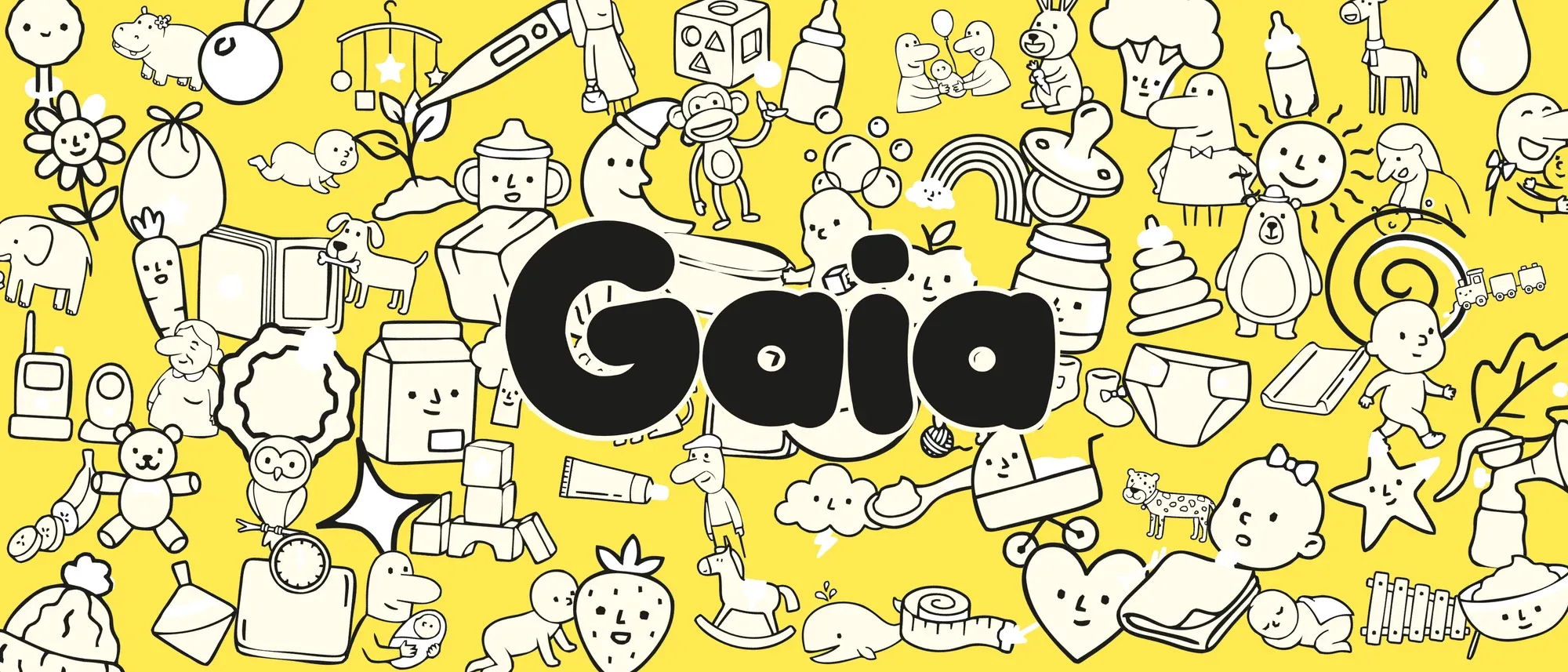 A dense wall of hand-drawn cream baby illustrations, from animals and bottles to toys and people, on bright yellow, with the black Gaia wordmark in the centre.