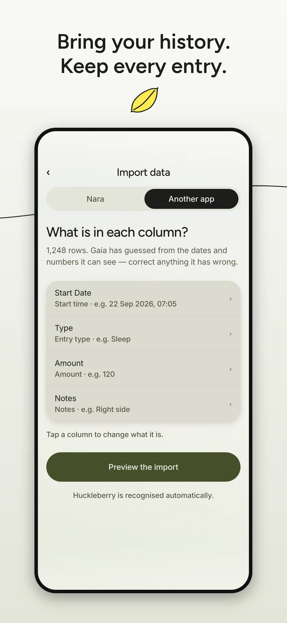 App Store screenshot titled Bring your history. Keep every entry., showing the Import data screen with a source toggle, a guessed column mapping for 1,248 rows and a preview button.