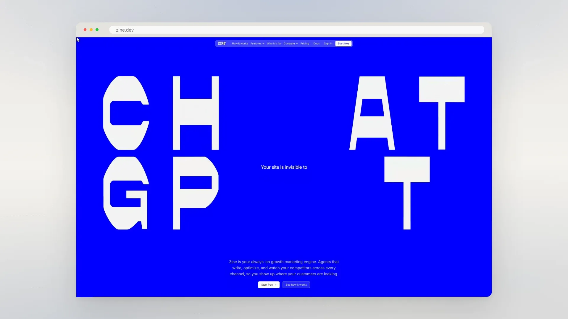 Zine's site in a browser window: an electric-blue hero with giant cut-out letters spelling CHATGPT around the line Your site is invisible to, a short description and two buttons.