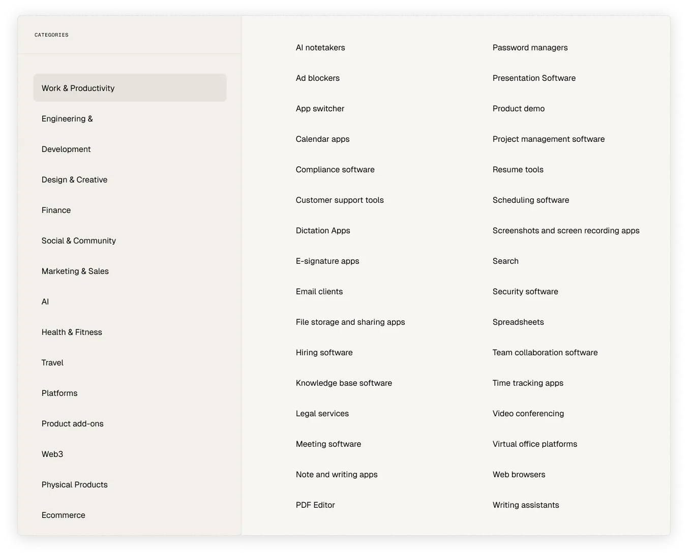 The B150 marketplace category menu, with Work & Productivity selected and subcategories from AI notetakers to writing assistants.