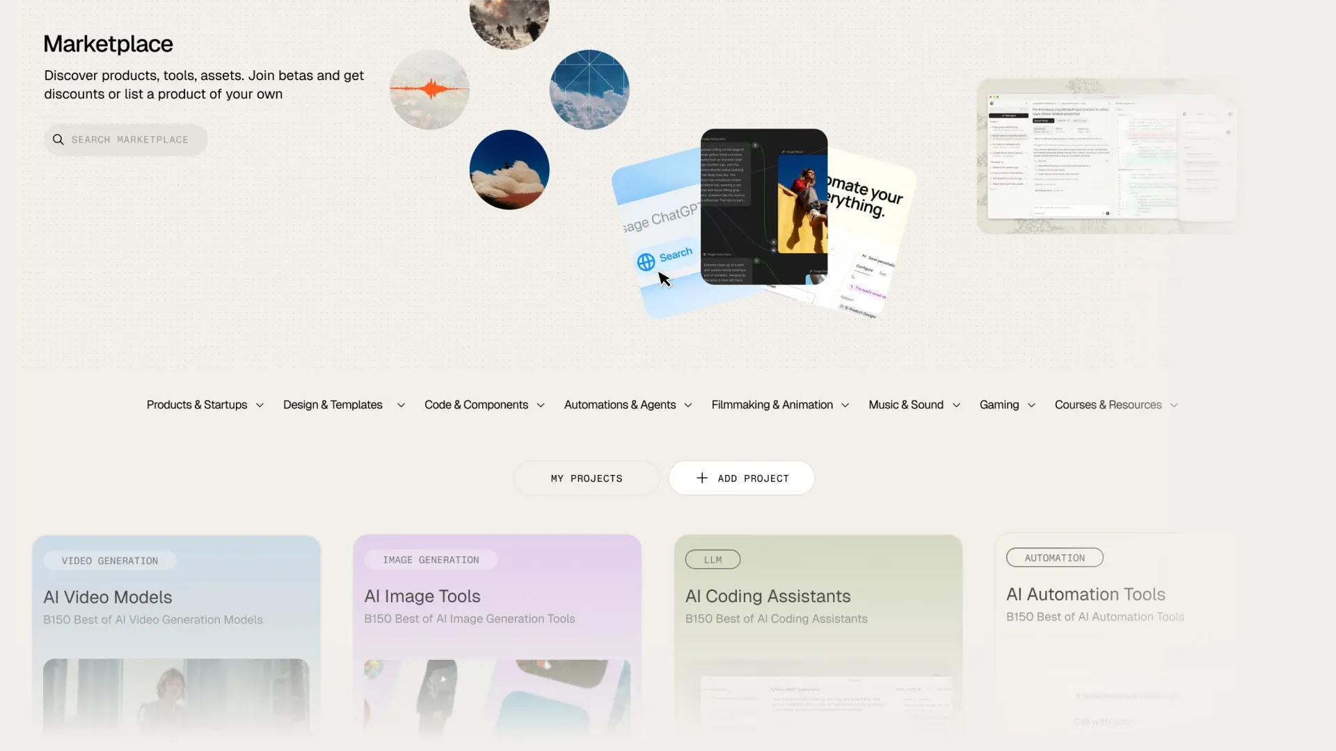 The B150 Marketplace page with a search field, floating product thumbnails, category menus, My Projects and Add Project buttons, and collections of AI video, image, coding and automation tools.