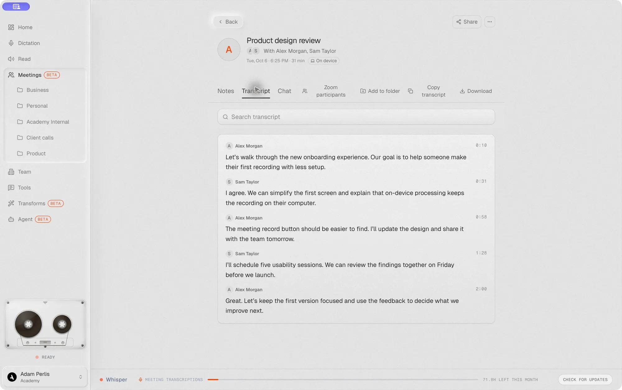 The Walkie desktop window with its sidebar of Dictation, Read, Meetings and Agent, showing a sample product design review on the Transcript tab with timestamped lines from two speakers.