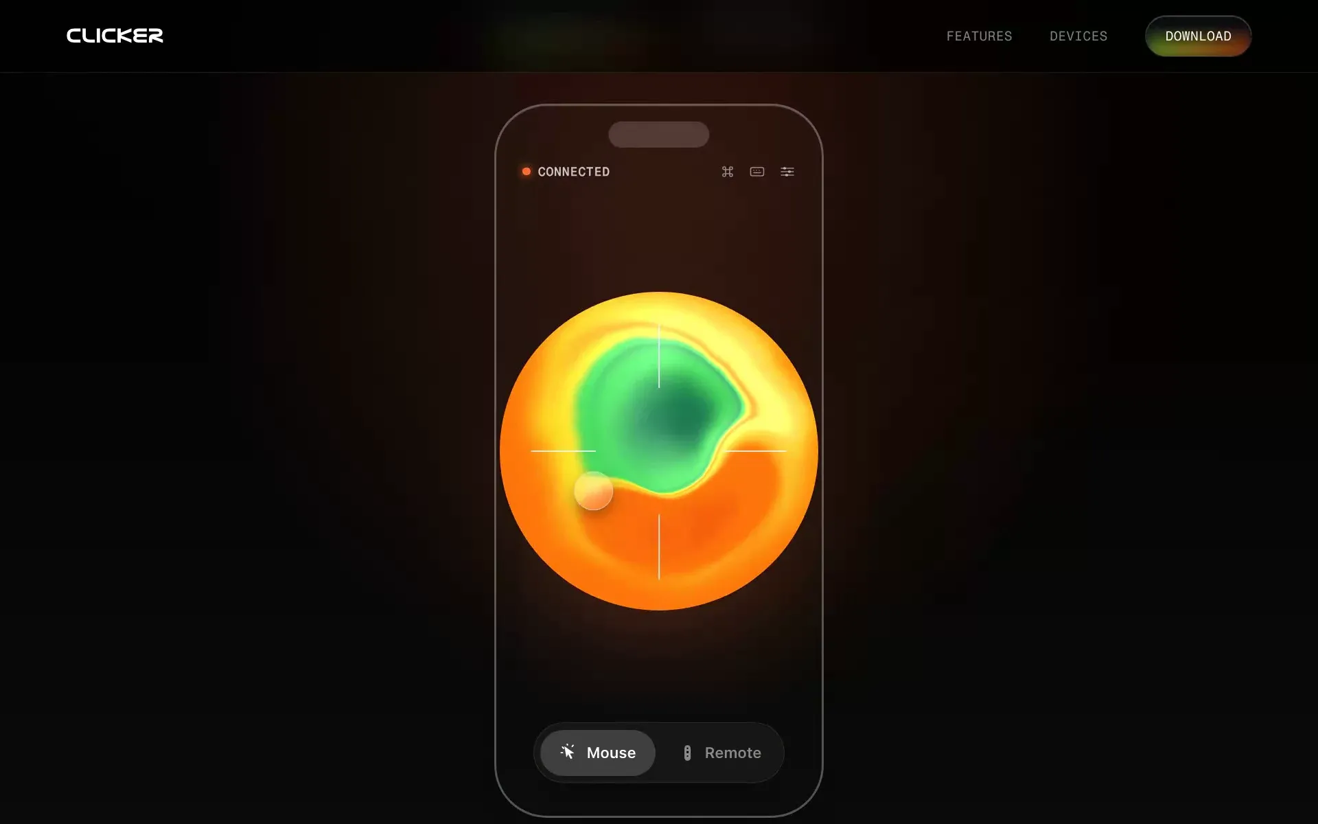 The Clicker site shows the trackpad inside a phone outline: a Connected status, shortcut, keyboard and settings icons, an orange and green disc with a finger indicator, and Mouse and Remote tabs.