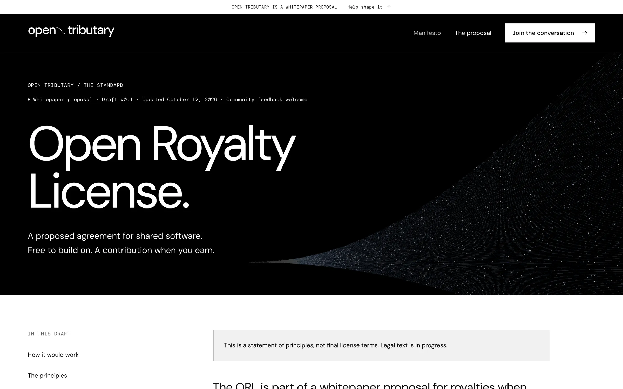 The Open Royalty License page, marked Draft v0.1, with the line 'Free to build on. A contribution when you earn.'