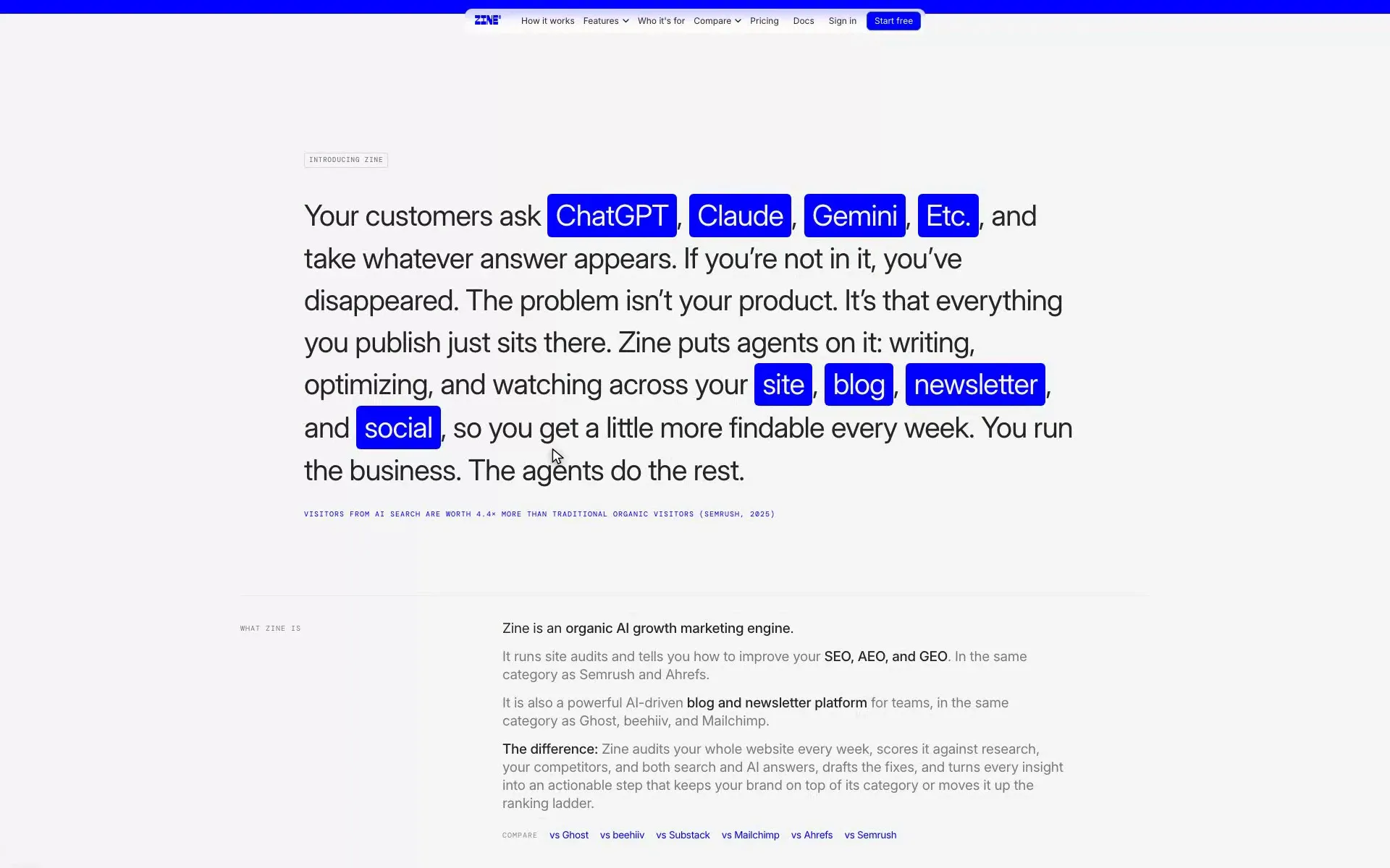 The Introducing Zine section: a paragraph with highlighted chips for ChatGPT, Claude, Gemini, site, blog, newsletter and social, above a What Zine is block with comparison links.
