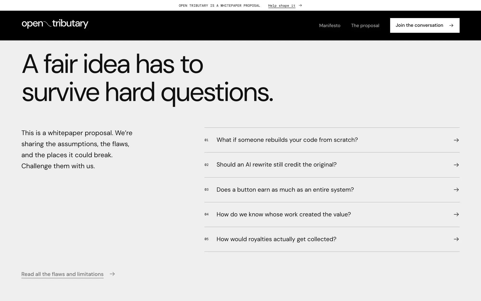 A fair idea has to survive hard questions: a note that this is a whitepaper proposal, beside a numbered list of five hard questions, from rebuilt code to how royalties get collected.