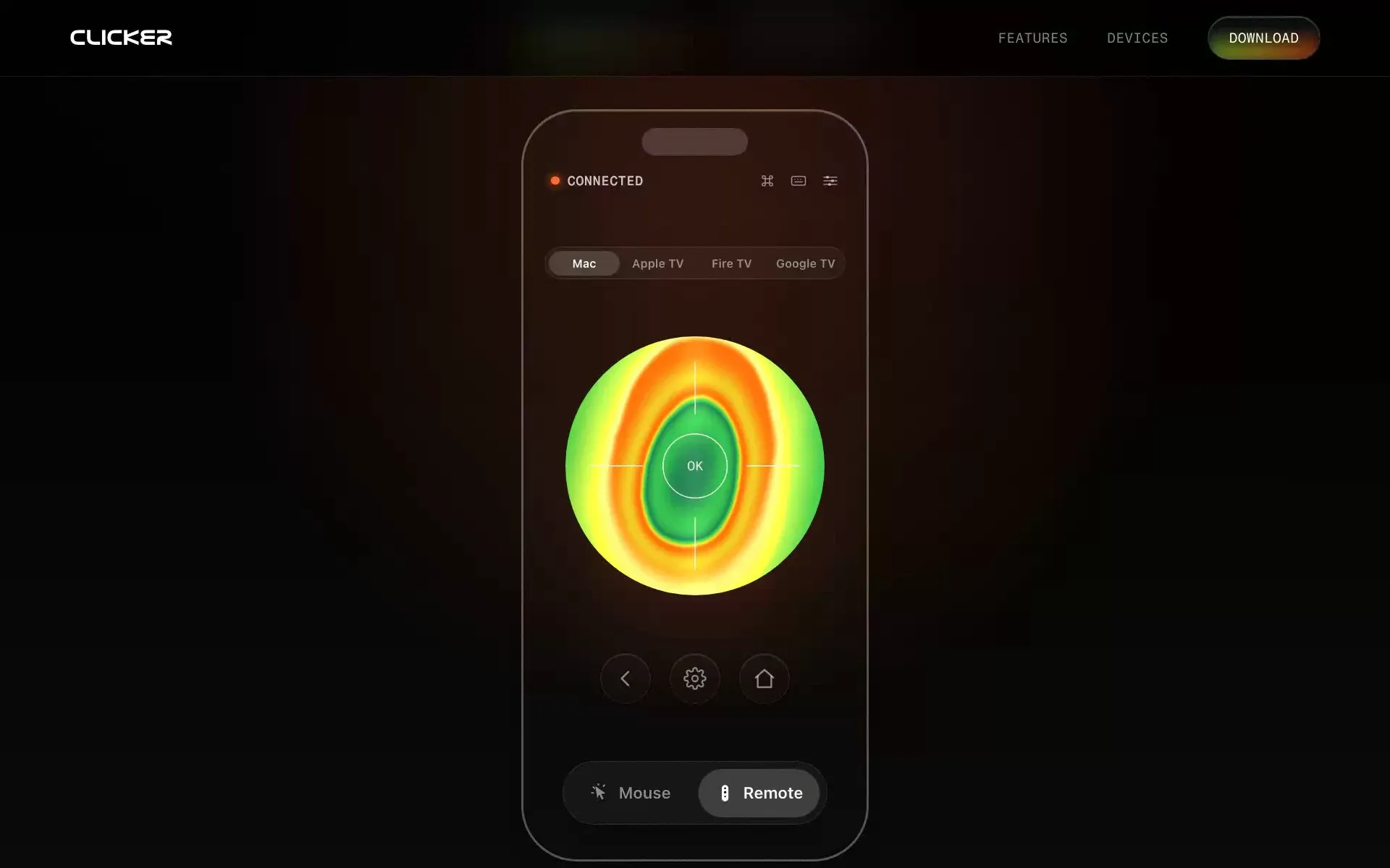 The Clicker site shows the phone in Remote mode: a Connected status, a switcher for Mac, Apple TV, Fire TV and Google TV, a thermal disc with an OK button, and Back, Settings and Home buttons.