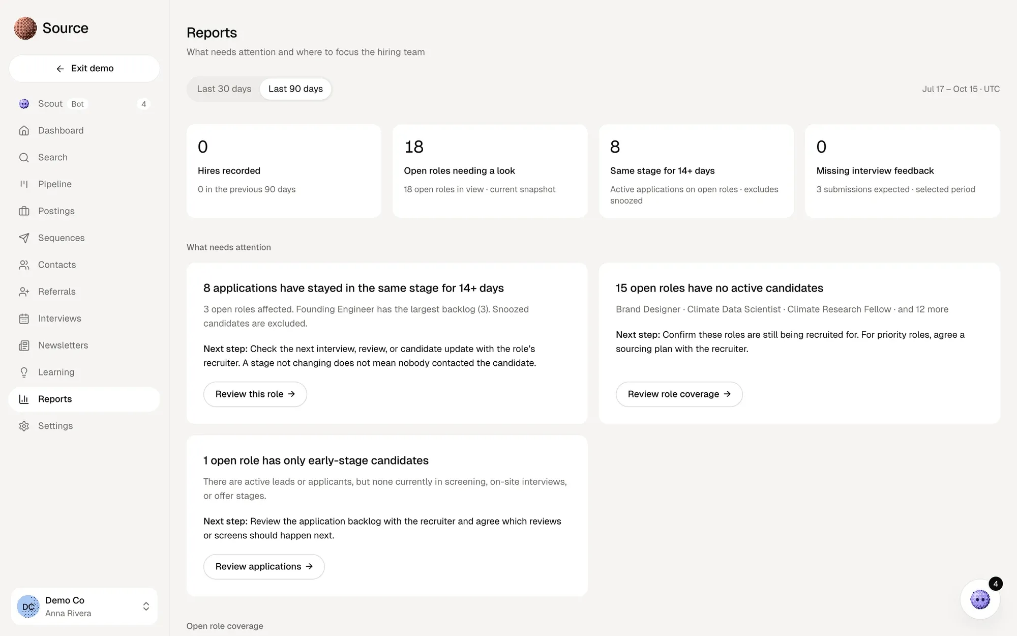 Source's reports: hires, open roles needing a look, applications stuck in a stage and missing feedback, with cards that explain each issue and suggest a next step.