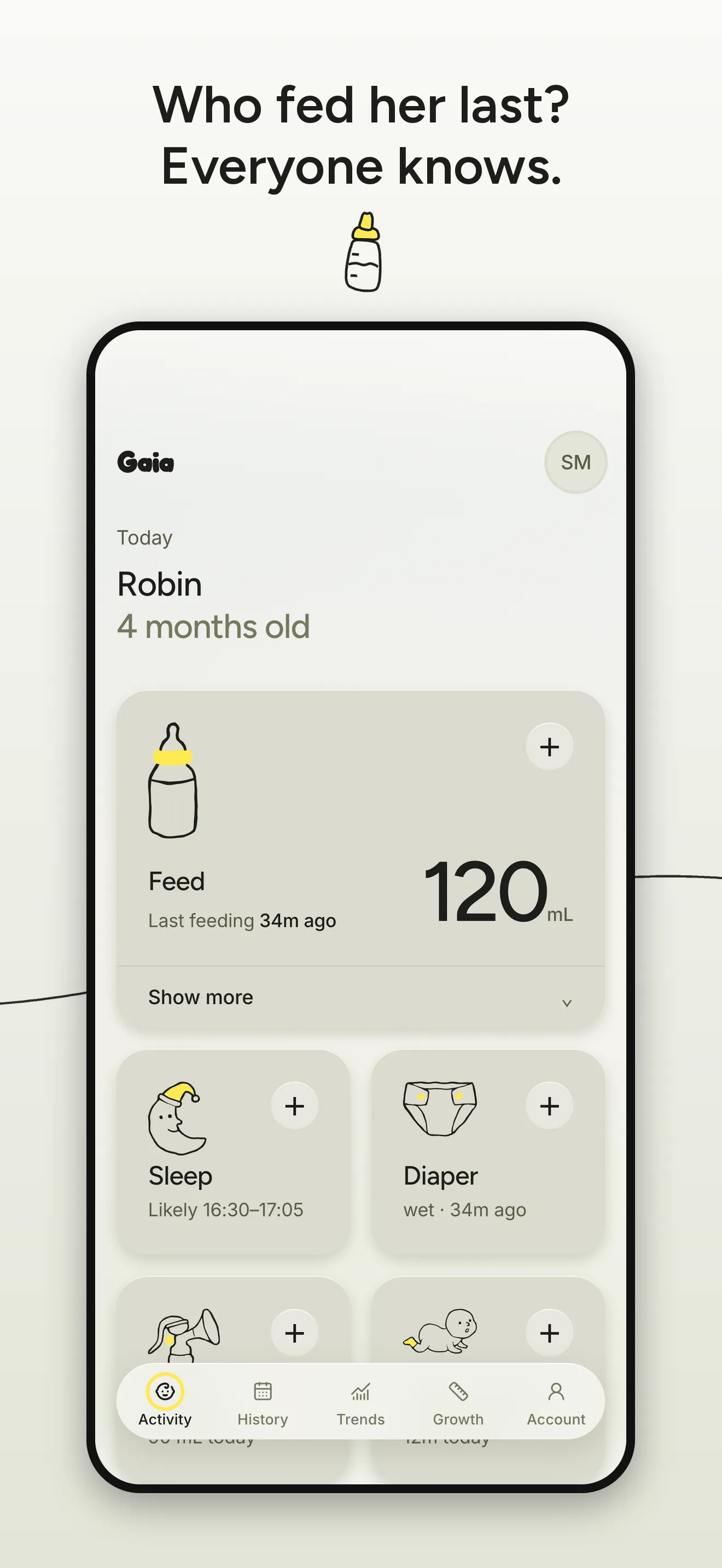 Gaia's Activity screen showing the last feed of 120 mL 34 minutes ago, a likely nap window and the last diaper.