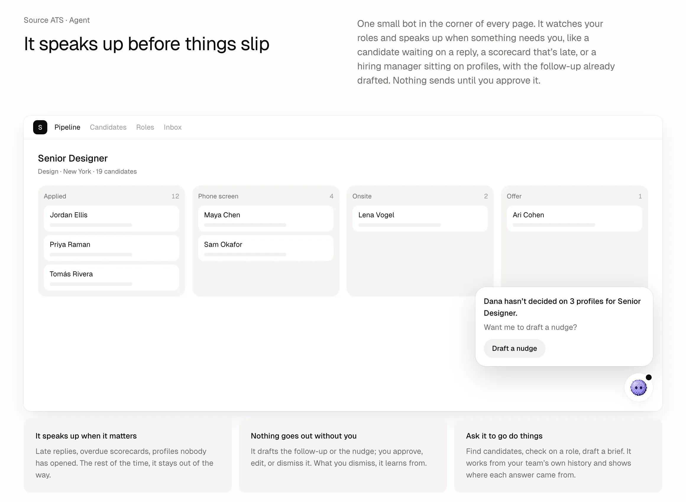 A Senior Designer pipeline board with Applied, Phone screen, Onsite and Offer columns, and a pop-up offering to draft a nudge to a hiring manager