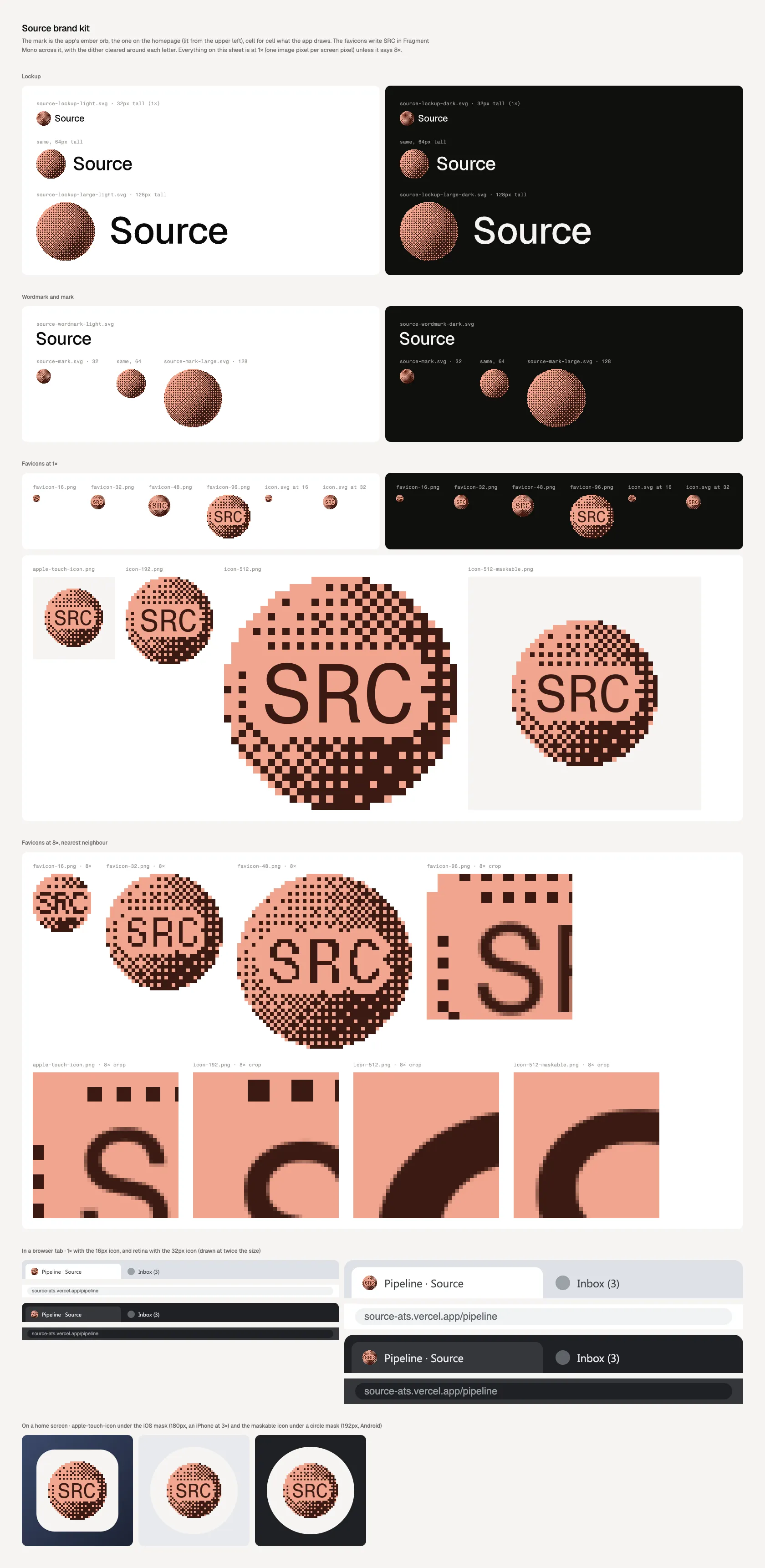 Source's brand contact sheet: the dithered ember orb with the Source wordmark on light and dark, and favicons at several sizes