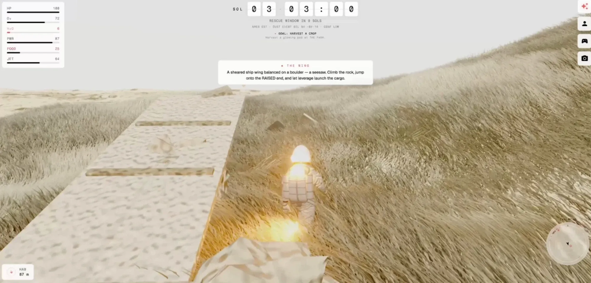 An astronaut beside a long sheared ship wing lying across grassy dunes, with a tooltip describing The Wing, the sol clock, the goal Harvest a crop and water running low on the HUD.