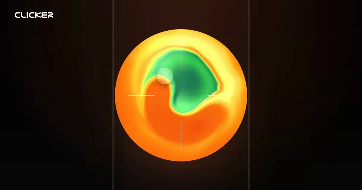 Clicker's trackpad preview: a green, yellow and orange thermal disc with a circular finger indicator, under the Clicker wordmark.