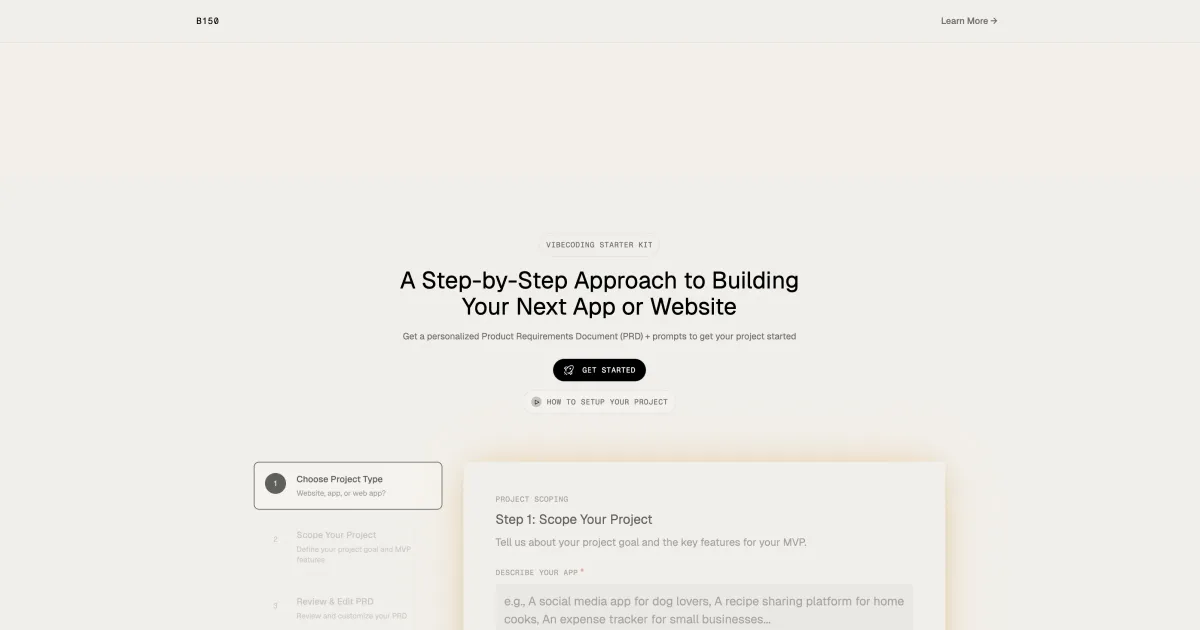 The B150 Vibecoding Starter Kit page, headed 'A Step-by-Step Approach to Building Your Next App or Website', with a project scoping form.