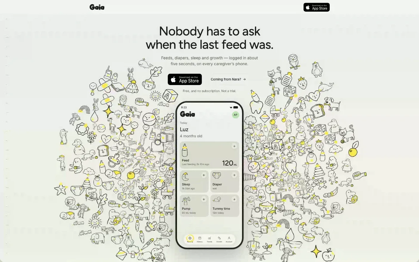 The Gaia website hero: the headline Nobody has to ask when the last feed was, an App Store button, and an iPhone showing the Today screen inside a cloud of hand-drawn baby illustrations.